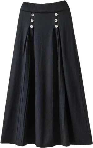Women Knitted Long Skirt Autumn Winter Button A Line High Waist Pleated Midi Skirt