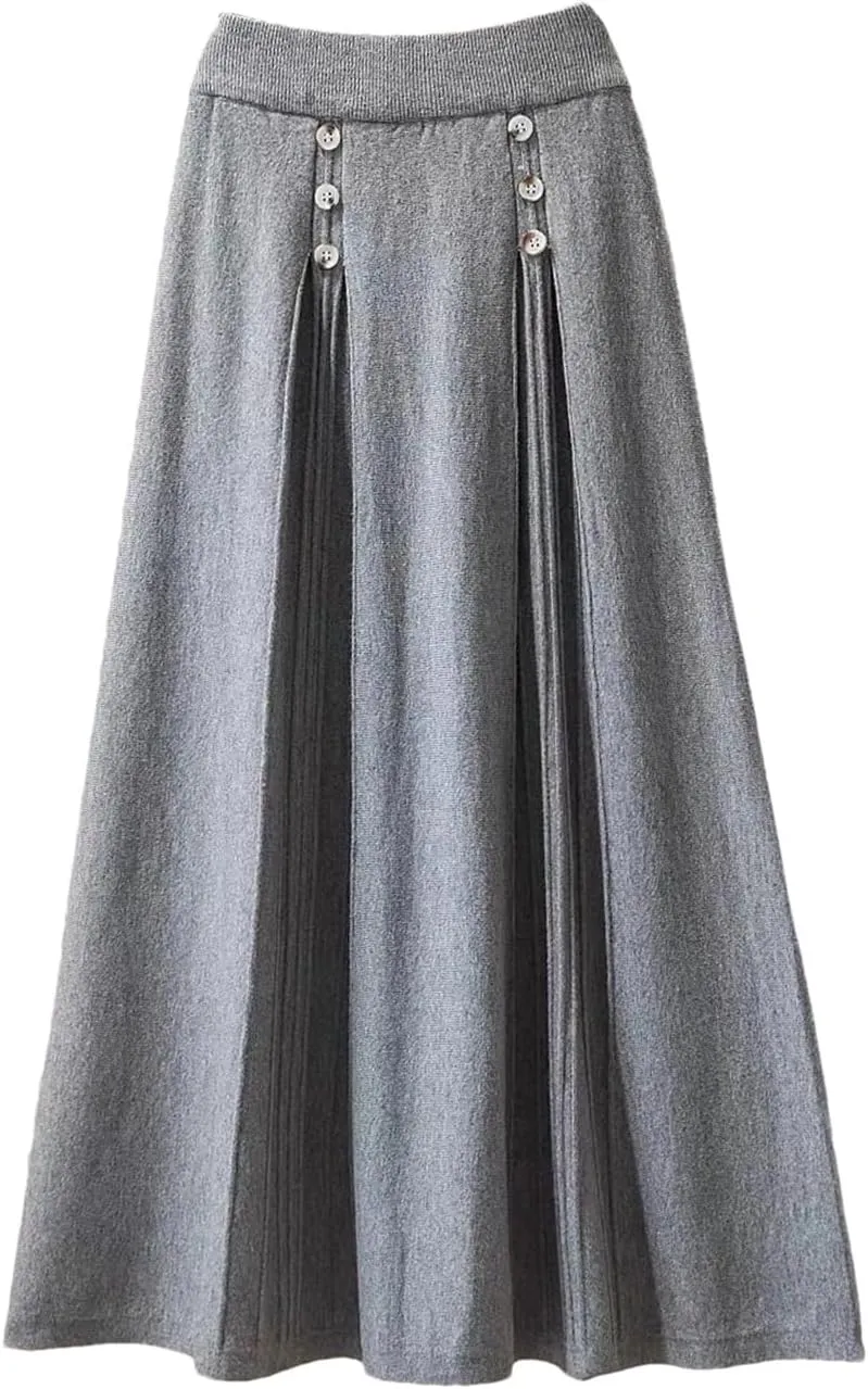 Women Knitted Long Skirt Autumn Winter Button A Line High Waist Pleated Midi Skirt