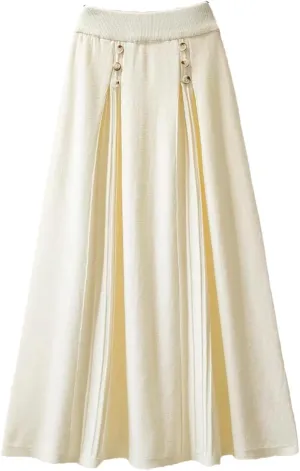 Women Knitted Long Skirt Autumn Winter Button A Line High Waist Pleated Midi Skirt