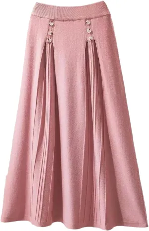 Women Knitted Long Skirt Autumn Winter Button A Line High Waist Pleated Midi Skirt