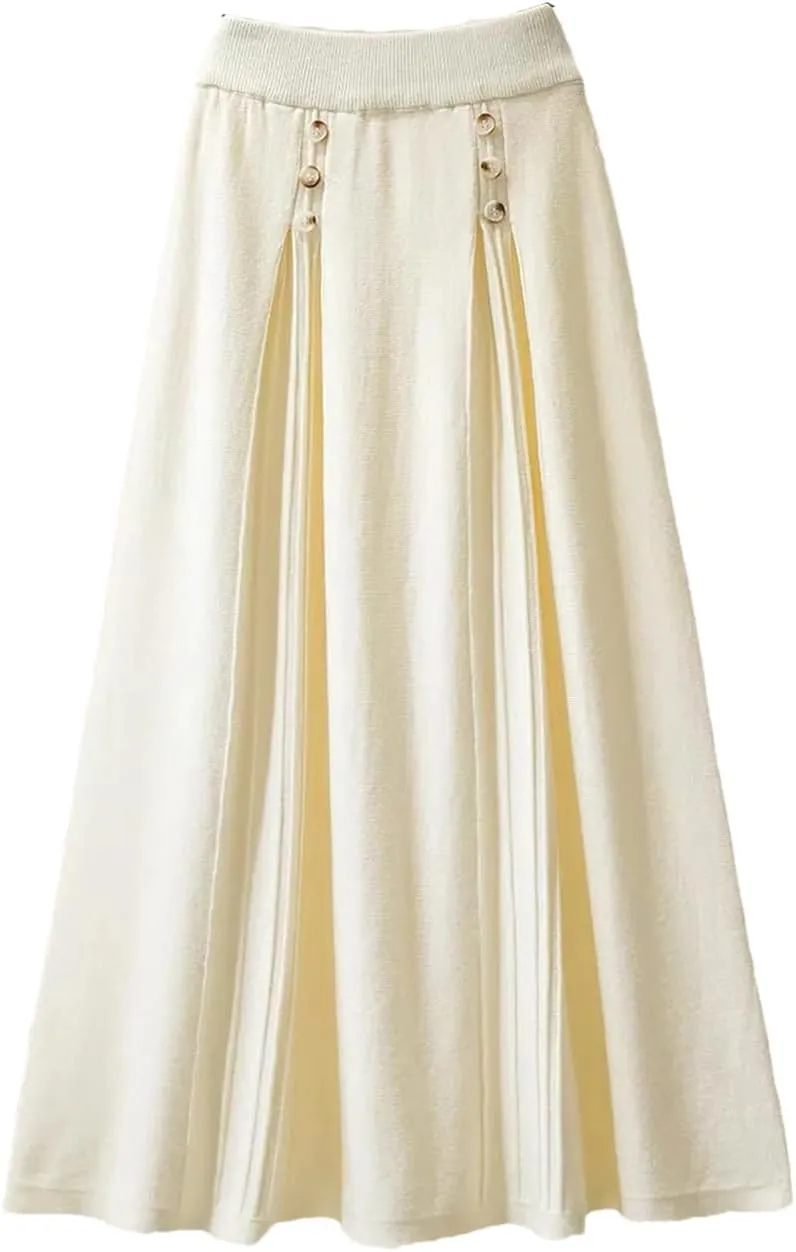 Women Knitted Long Skirt Autumn Winter Button A Line High Waist Pleated Midi Skirt