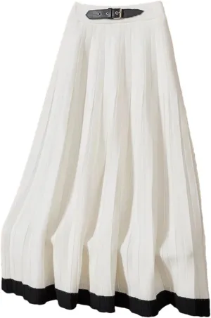 Women Knitted Long Skirt Autumn Winter Fashion Belt Contrast Hem A Line High Waist Pleated Midi Skirt