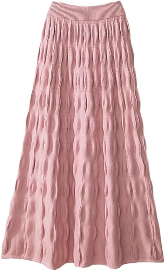 Women Knitted Long Skirt Autumn Winter Korean Folds A Line High Waist Pleated Midi Skirt