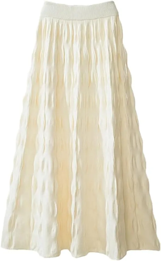 Women Knitted Long Skirt Autumn Winter Korean Folds A Line High Waist Pleated Midi Skirt