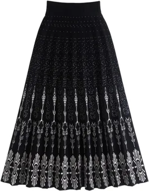Women Knitted Mid-Length Skirt Autumn Winter Vintage Print A Line High Waist Pleated Midi Long Skirt