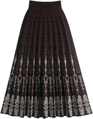 Women Knitted Mid-Length Skirt Autumn Winter Vintage Print A Line High Waist Pleated Midi Long Skirt