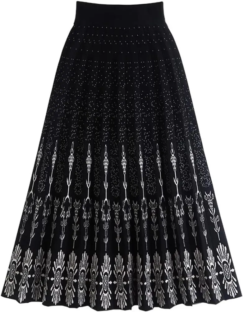 Women Knitted Mid-Length Skirt Autumn Winter Vintage Print A Line High Waist Pleated Midi Long Skirt