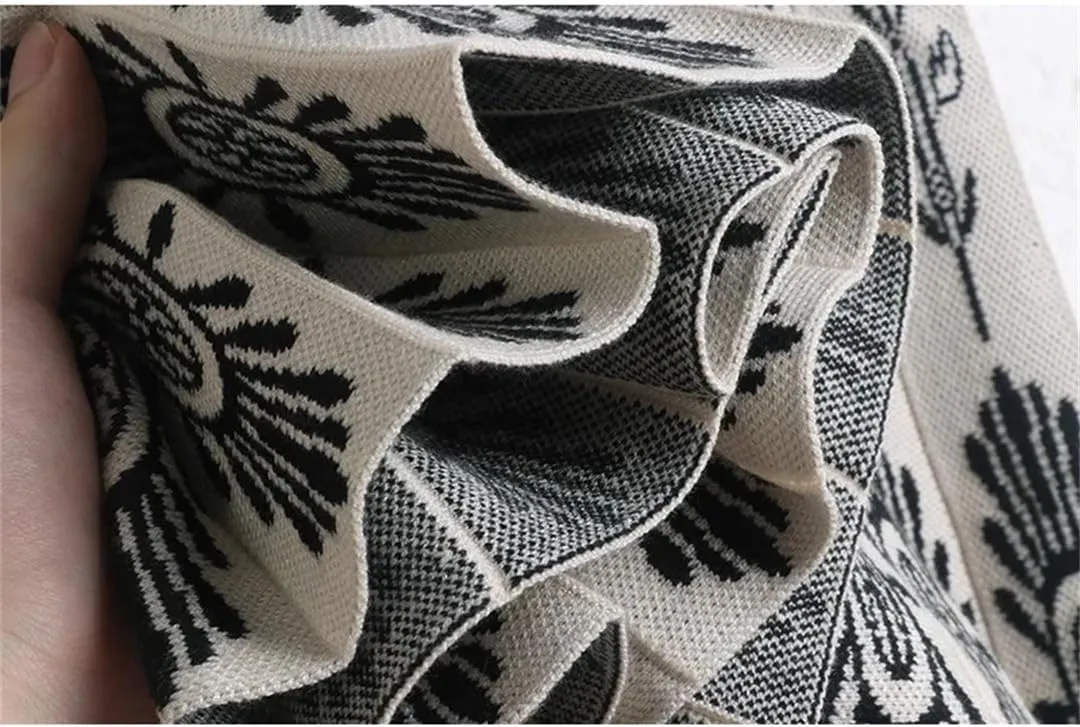 Women Knitted Mid-Length Skirt Autumn Winter Vintage Print A Line High Waist Pleated Midi Long Skirt