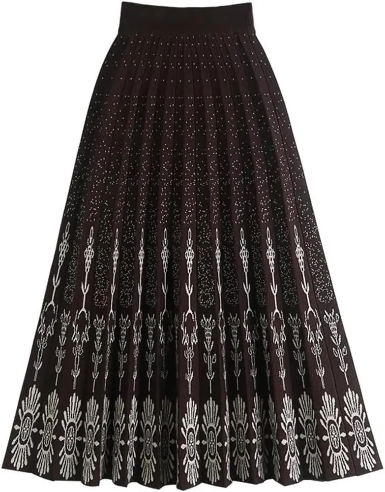 Women Knitted Mid-Length Skirt Autumn Winter Vintage Print A Line High Waist Pleated Midi Long Skirt