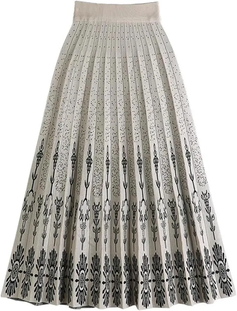 Women Knitted Mid-Length Skirt Autumn Winter Vintage Print A Line High Waist Pleated Midi Long Skirt