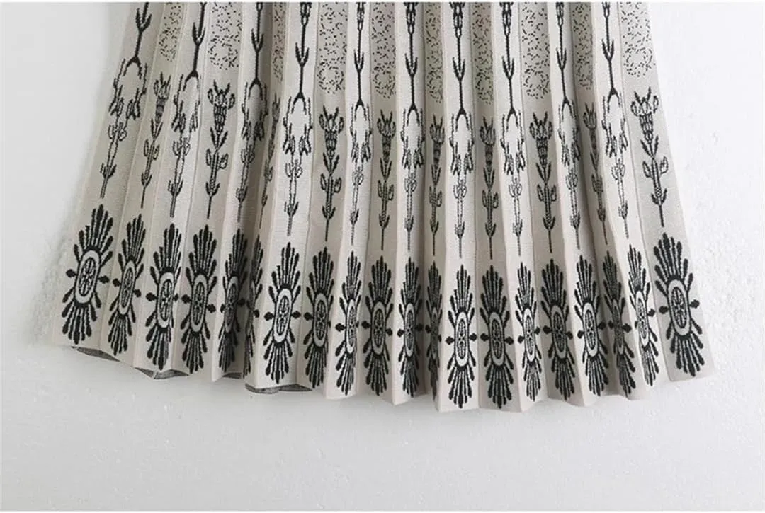 Women Knitted Mid-Length Skirt Autumn Winter Vintage Print A Line High Waist Pleated Midi Long Skirt