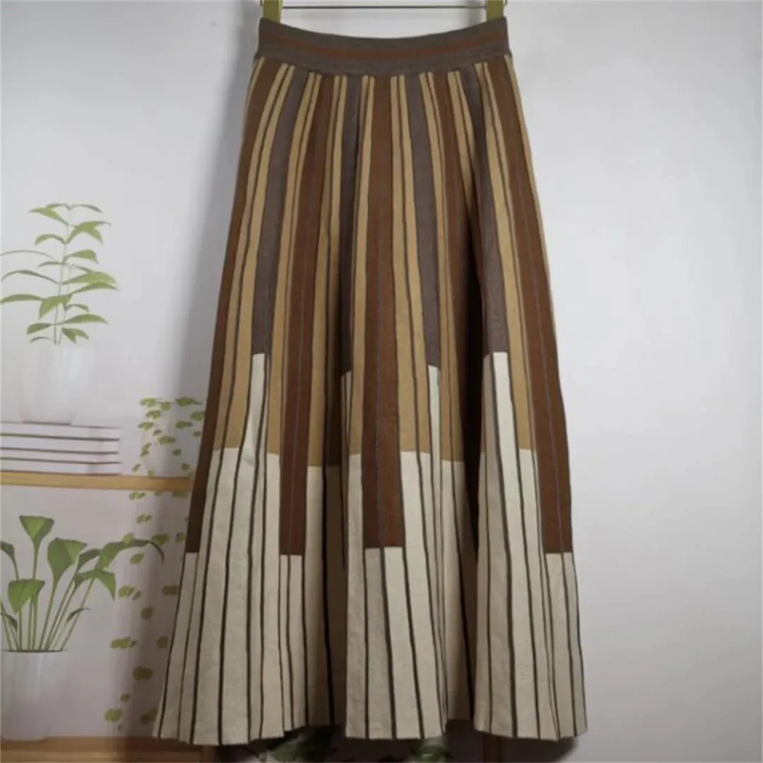 Women Knitted Winter Skirt Autumn Vintage Contrast Striped A Line High Waist Pleated Midi Skirt