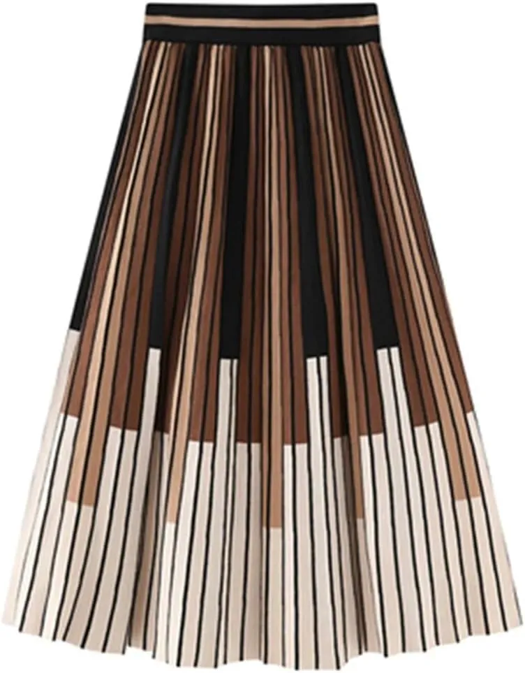 Women Knitted Winter Skirt Autumn Vintage Contrast Striped A Line High Waist Pleated Midi Skirt
