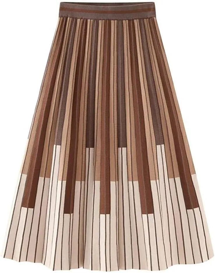 Women Knitted Winter Skirt Autumn Vintage Contrast Striped A Line High Waist Pleated Midi Skirt