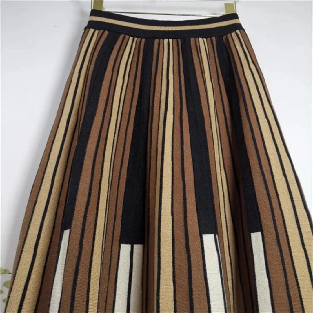 Women Knitted Winter Skirt Autumn Vintage Contrast Striped A Line High Waist Pleated Midi Skirt