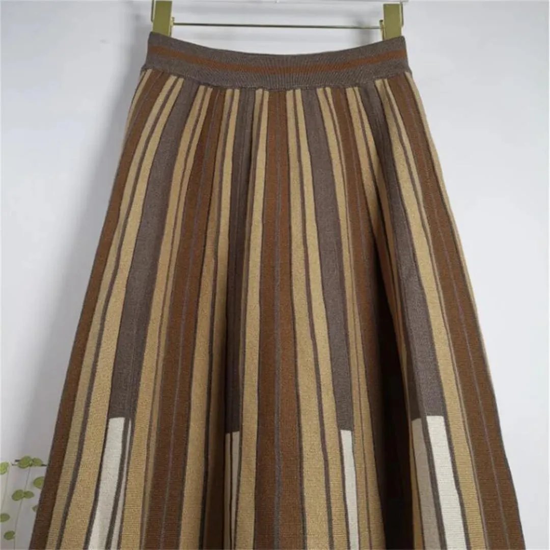 Women Knitted Winter Skirt Autumn Vintage Contrast Striped A Line High Waist Pleated Midi Skirt