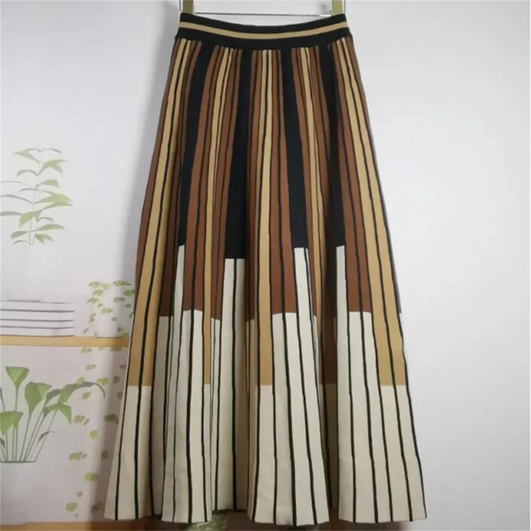 Women Knitted Winter Skirt Autumn Vintage Contrast Striped A Line High Waist Pleated Midi Skirt