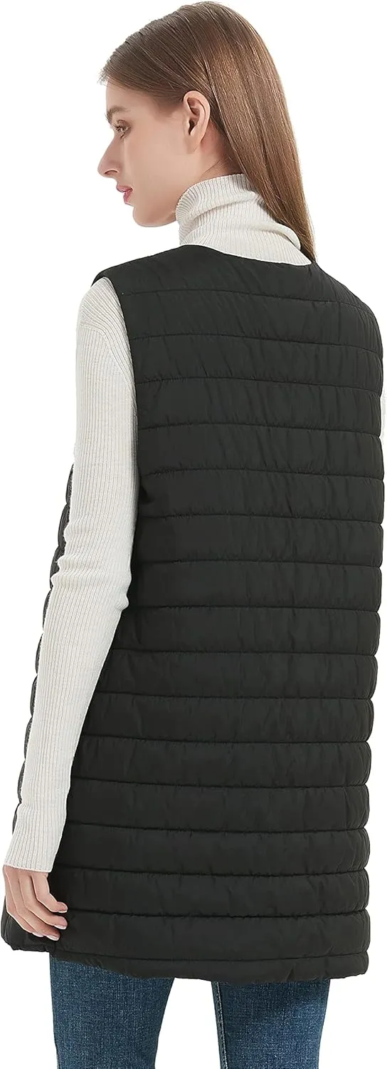 Women Long Puffer Vest Down Quilted Lightweight Button Opening Sleeveless Jacket with Pockets