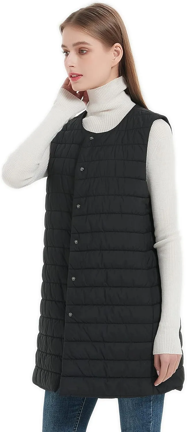Women Long Puffer Vest Down Quilted Lightweight Button Opening Sleeveless Jacket with Pockets