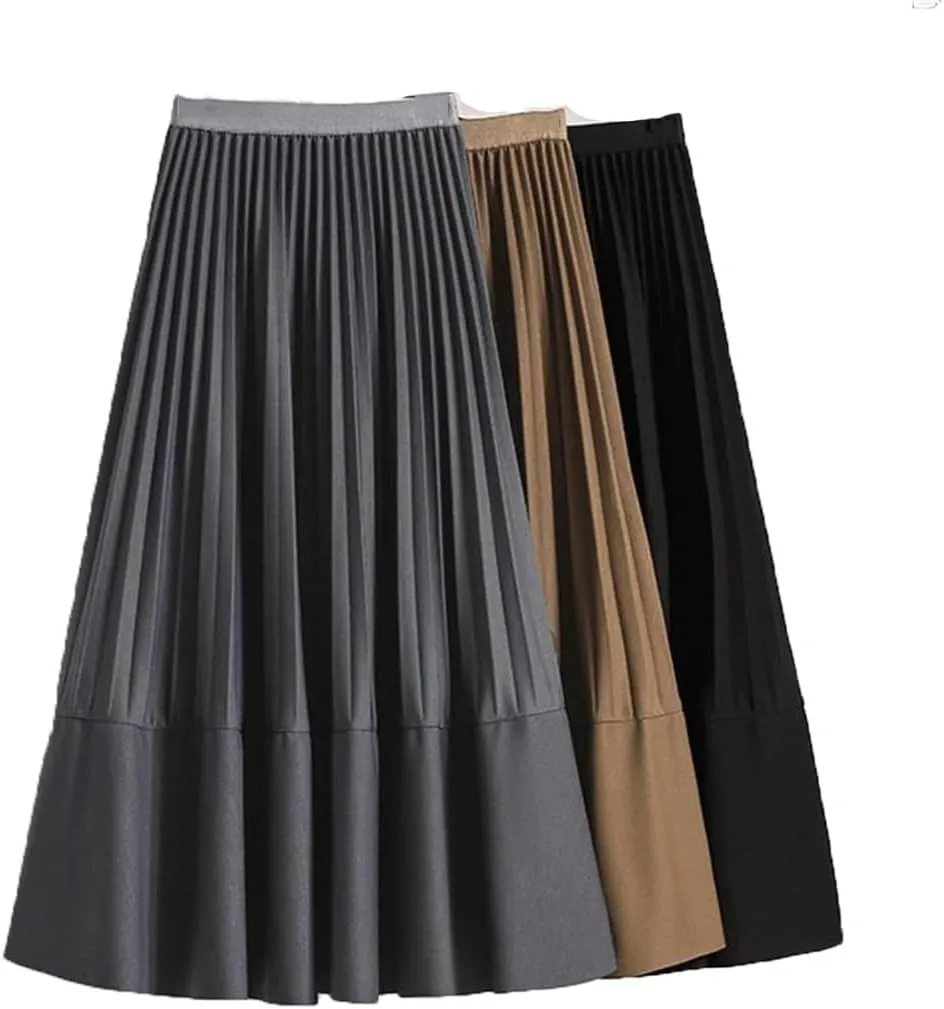 Women Mid-Length Pleated Skirt Autumn All-Match Solid A Line High Waist Midi Long Skirt