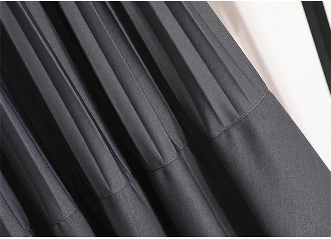 Women Mid-Length Pleated Skirt Autumn All-Match Solid A Line High Waist Midi Long Skirt