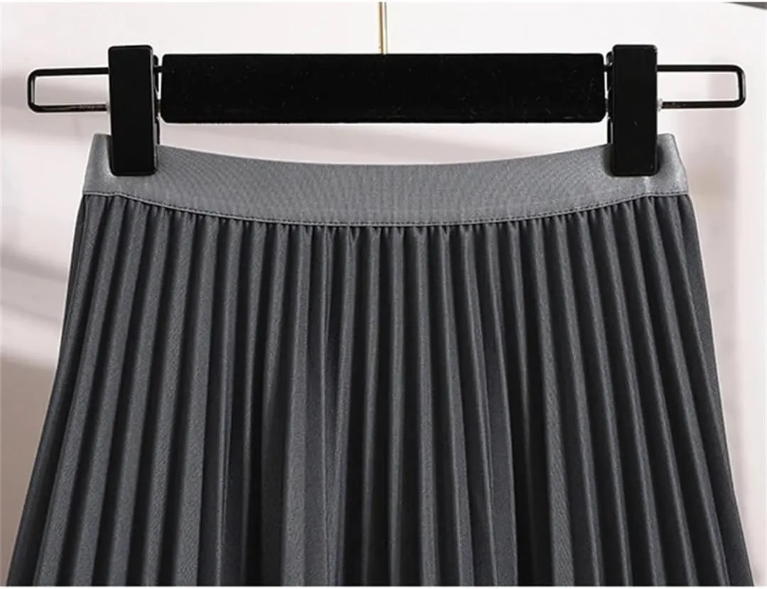 Women Mid-Length Pleated Skirt Autumn All-Match Solid A Line High Waist Midi Long Skirt