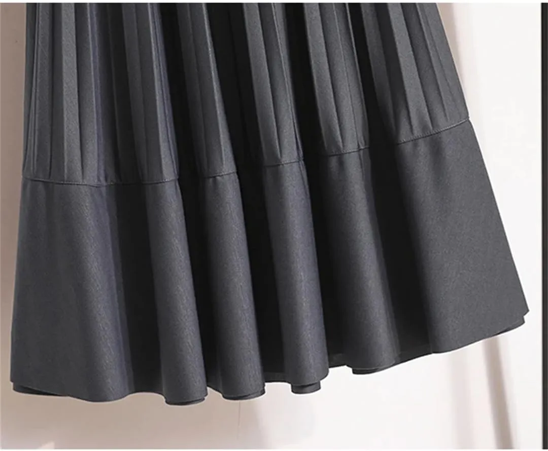 Women Mid-Length Pleated Skirt Autumn All-Match Solid A Line High Waist Midi Long Skirt