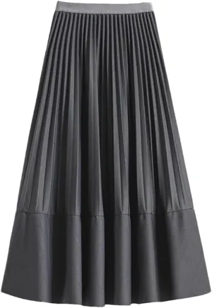 Women Mid-Length Pleated Skirt Autumn All-Match Solid A Line High Waist Midi Long Skirt