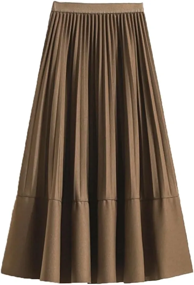 Women Mid-Length Pleated Skirt Autumn All-Match Solid A Line High Waist Midi Long Skirt