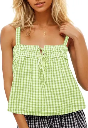 Women Plaid Cropped Camisole Tops Ruched Tie Front Square Neck Backless Loose Cute Crop Cami Tank Adjustable Top
