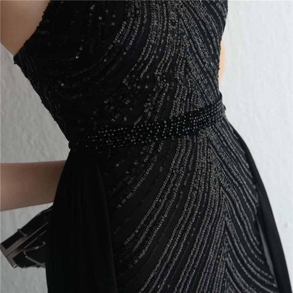 Women Sexy Long Evening Party Dress Fashionable Off Shoulder Sequin Evening Dress with Detachable Chiffon