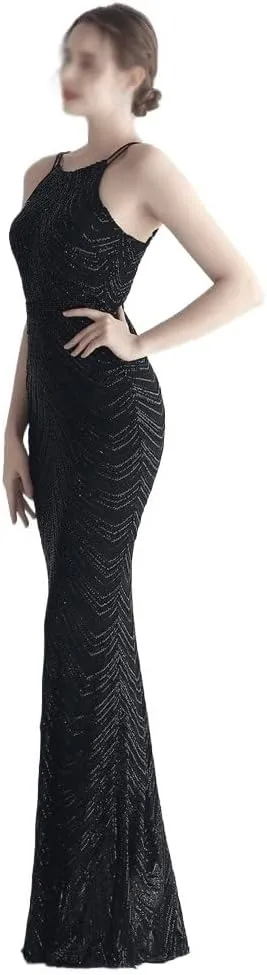 Women Sexy Long Evening Party Dress Fashionable Off Shoulder Sequin Evening Dress with Detachable Chiffon