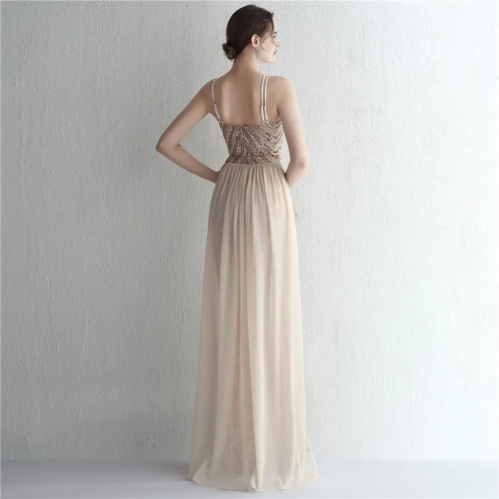 Women Sexy Long Evening Party Dress Fashionable Off Shoulder Sequin Evening Dress with Detachable Chiffon