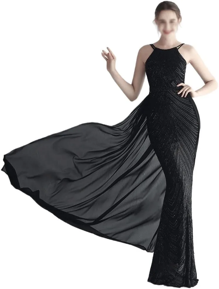 Women Sexy Long Evening Party Dress Fashionable Off Shoulder Sequin Evening Dress with Detachable Chiffon