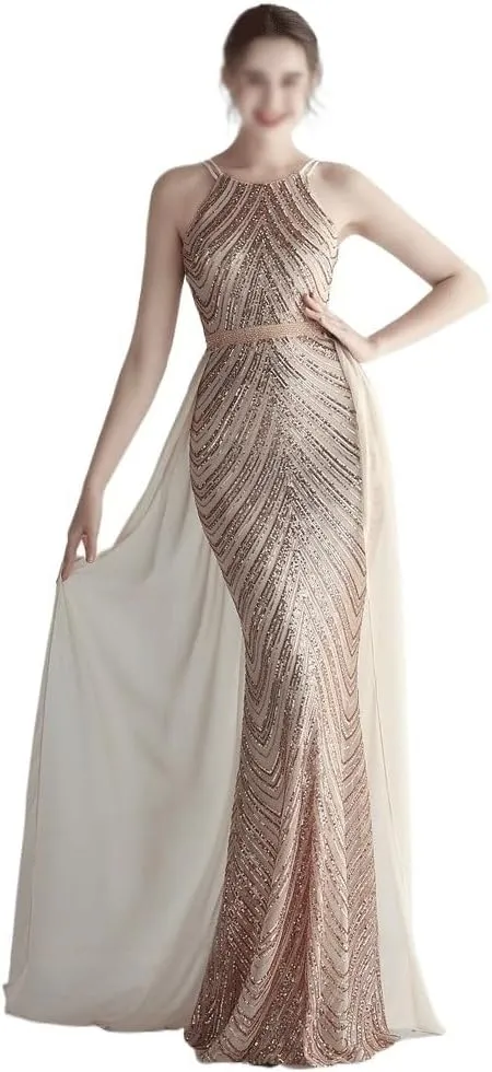 Women Sexy Long Evening Party Dress Fashionable Off Shoulder Sequin Evening Dress with Detachable Chiffon