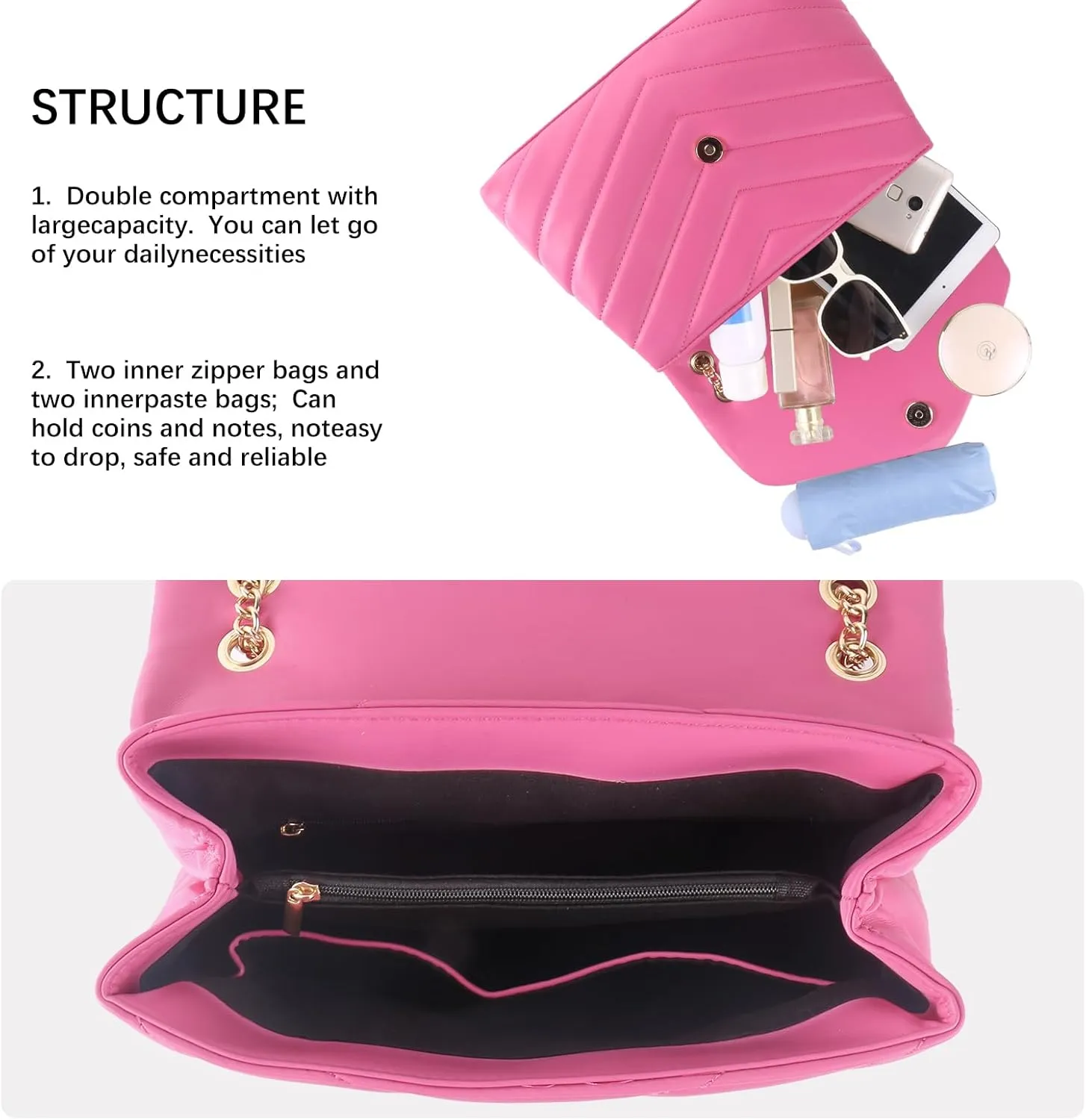 Women Shoulder Bag, Fashionable Quilted Vegan leather Crossbody Purses with Adjustable Chain Designer Purses
