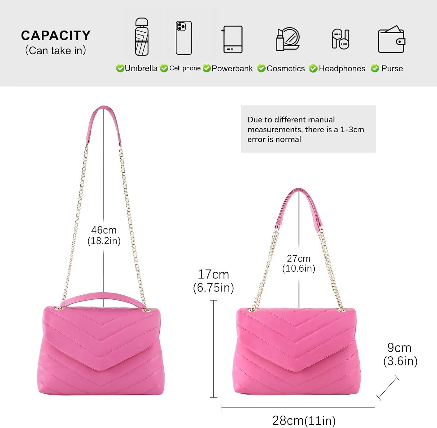 Women Shoulder Bag, Fashionable Quilted Vegan leather Crossbody Purses with Adjustable Chain Designer Purses