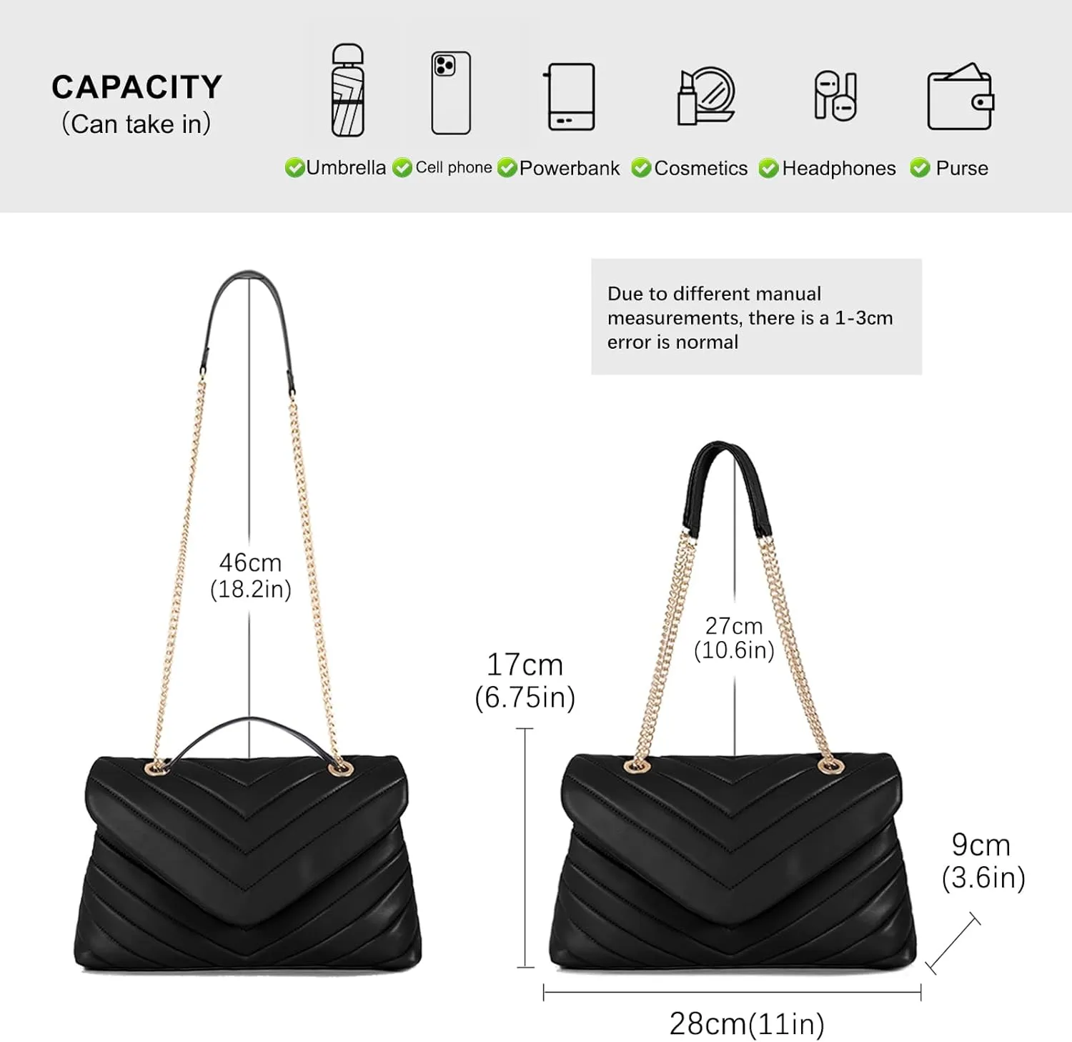 Women Shoulder Bag, Fashionable Quilted Vegan leather Crossbody Purses with Adjustable Chain Designer Purses