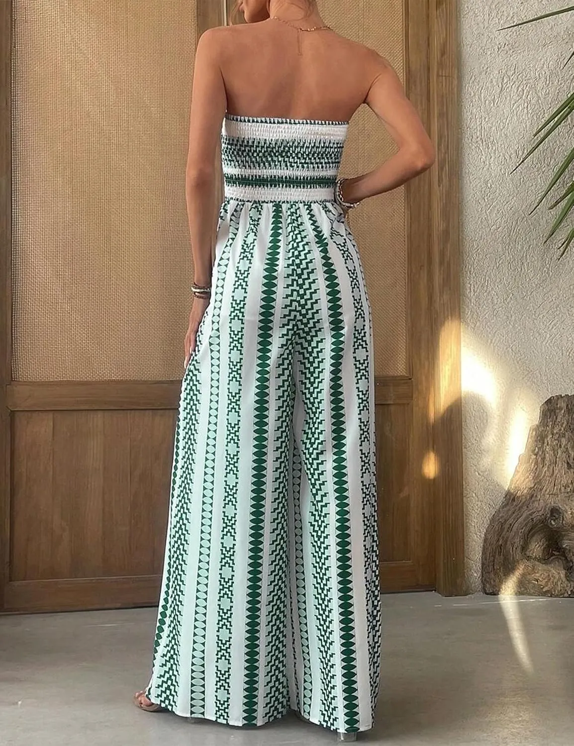 Women Strapless Boho Jumpsuits Casual Loose Overalls Jumpsuit Split Thigh Pants Romper Flowy Summer One Piece Outfit