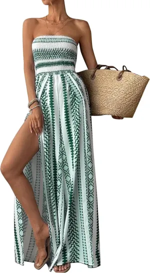 Women Strapless Boho Jumpsuits Casual Loose Overalls Jumpsuit Split Thigh Pants Romper Flowy Summer One Piece Outfit