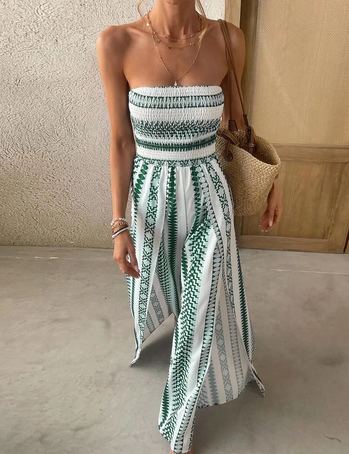 Women Strapless Boho Jumpsuits Casual Loose Overalls Jumpsuit Split Thigh Pants Romper Flowy Summer One Piece Outfit