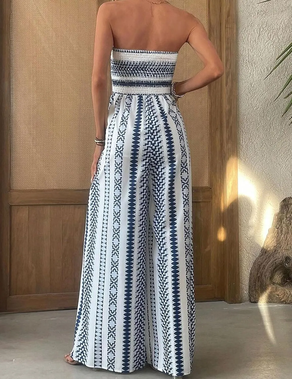Women Strapless Boho Jumpsuits Casual Loose Overalls Jumpsuit Split Thigh Pants Romper Flowy Summer One Piece Outfit