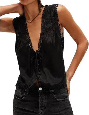 Women Tie Front Lace Trim Vest Tops Sexy V Neck Tank Y2k Sleeveless Button Cami Shirt