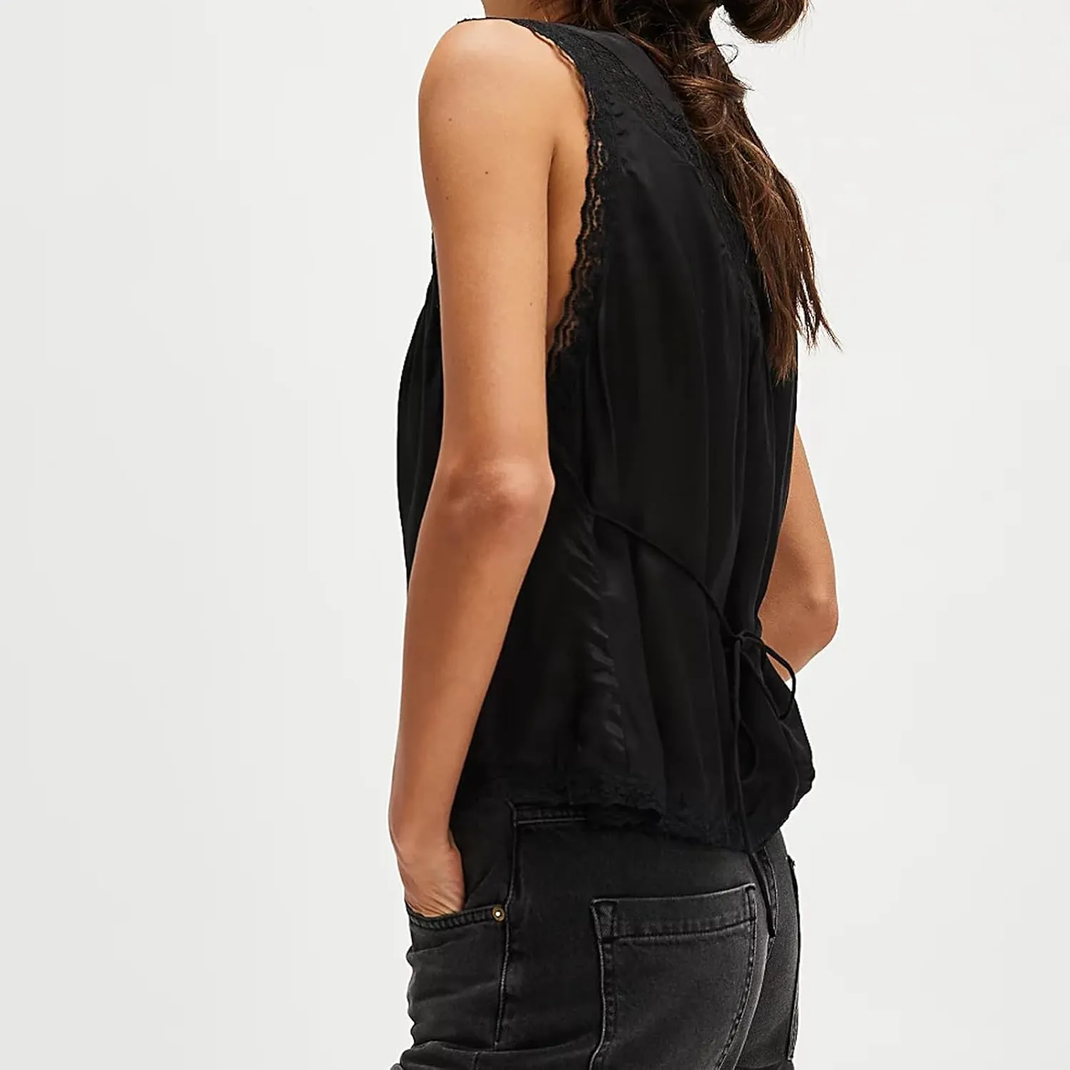 Women Tie Front Lace Trim Vest Tops Sexy V Neck Tank Y2k Sleeveless Button Cami Shirt