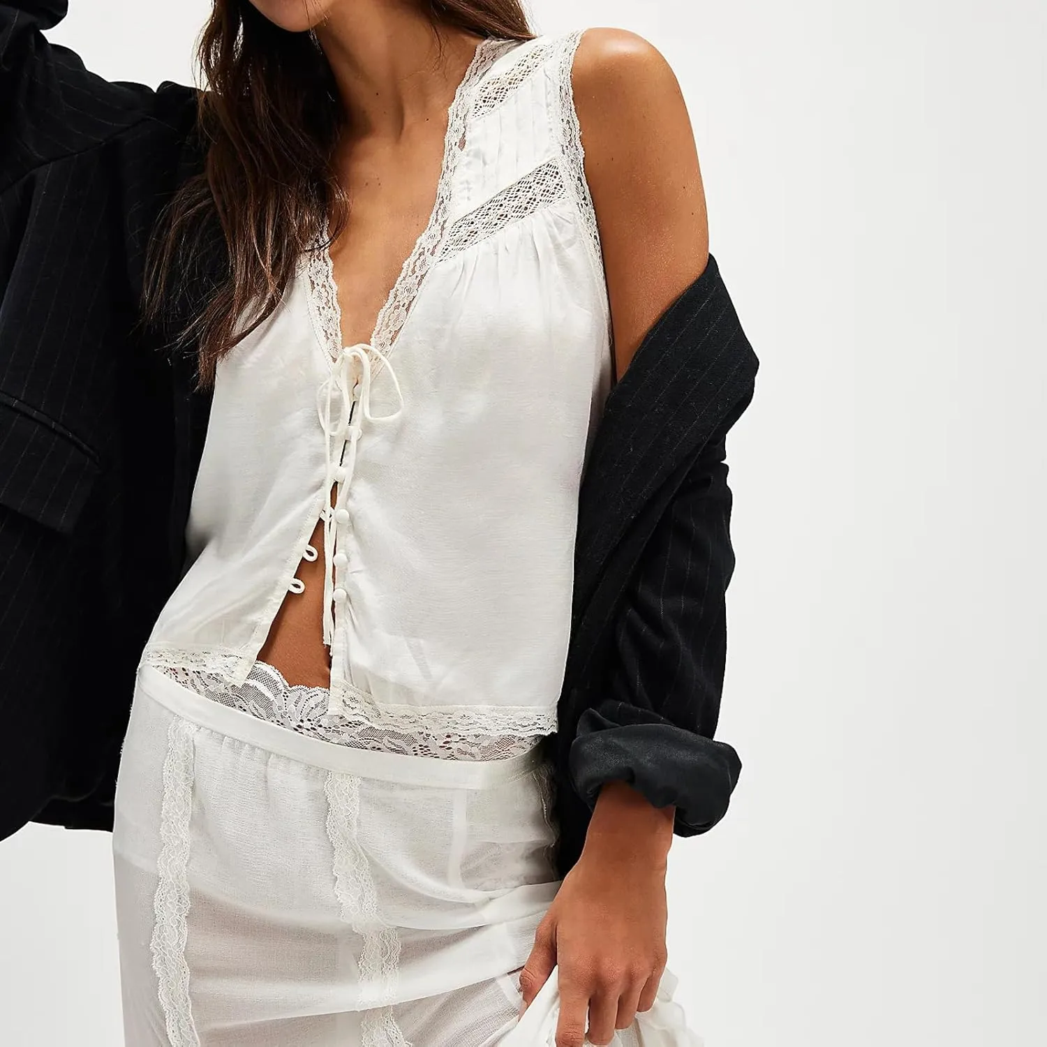 Women Tie Front Lace Trim Vest Tops Sexy V Neck Tank Y2k Sleeveless Button Cami Shirt