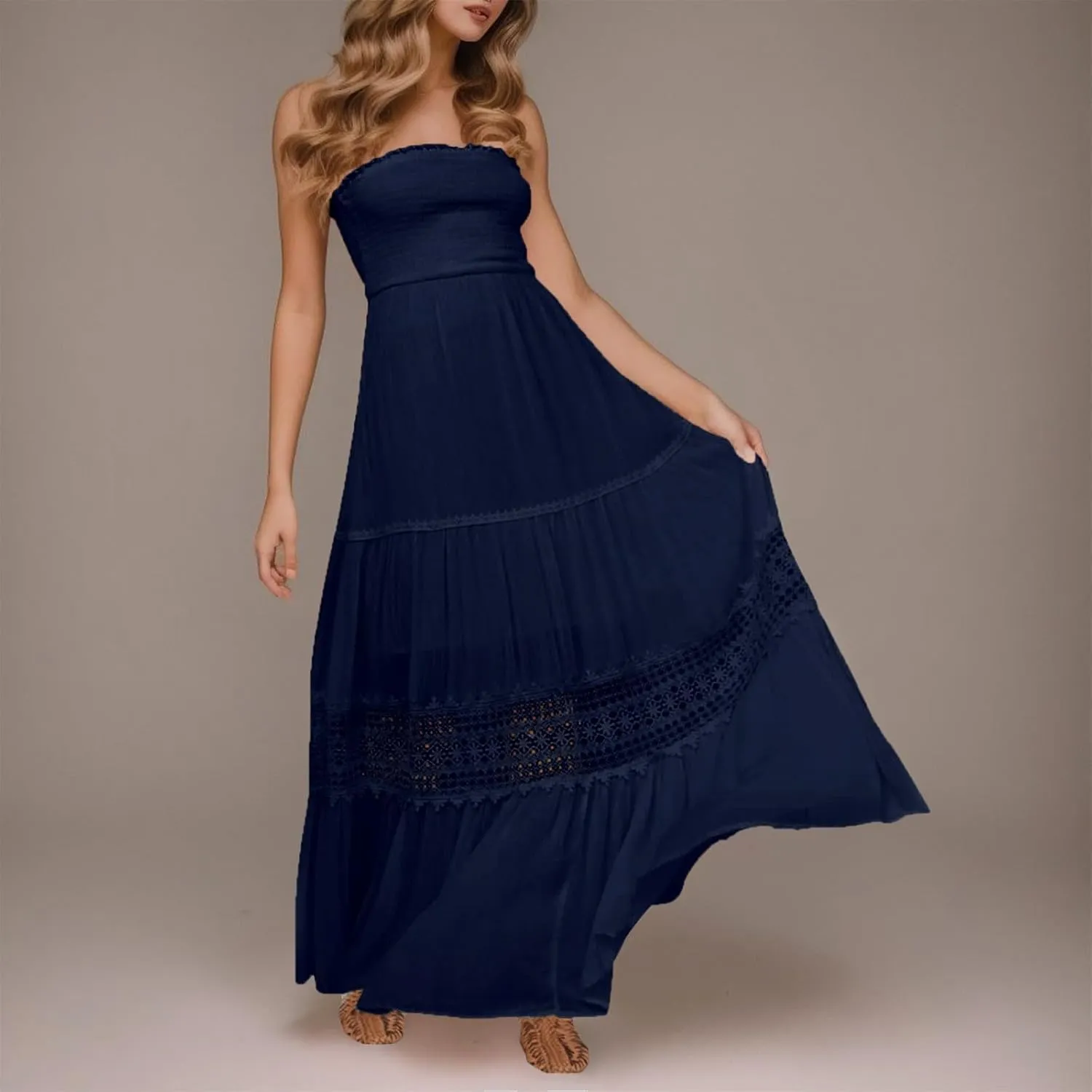 Women's 2023 Summer Bohemian Strapless Off Shoulder Lace Trim Backless Flowy A Line Beach Long Maxi Dress