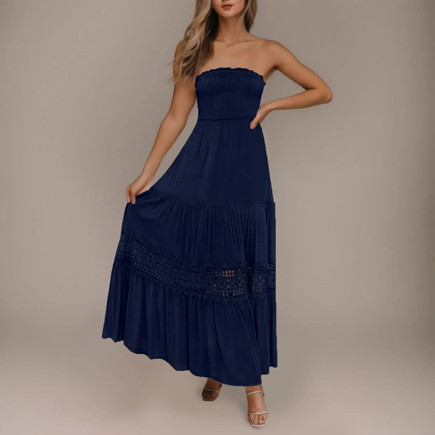 Women's 2023 Summer Bohemian Strapless Off Shoulder Lace Trim Backless Flowy A Line Beach Long Maxi Dress