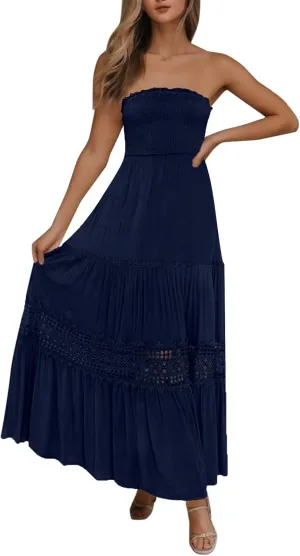 Women's 2023 Summer Bohemian Strapless Off Shoulder Lace Trim Backless Flowy A Line Beach Long Maxi Dress