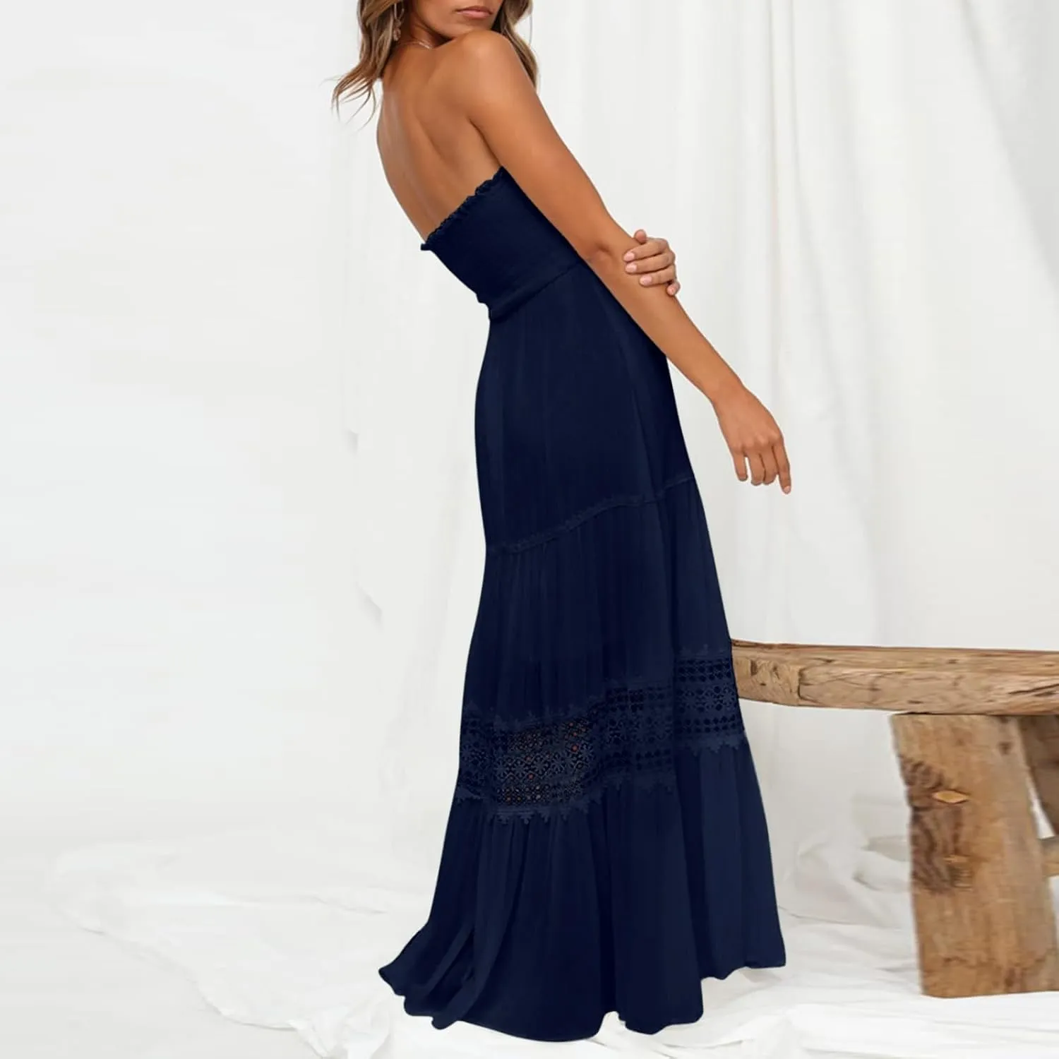 Women's 2023 Summer Bohemian Strapless Off Shoulder Lace Trim Backless Flowy A Line Beach Long Maxi Dress