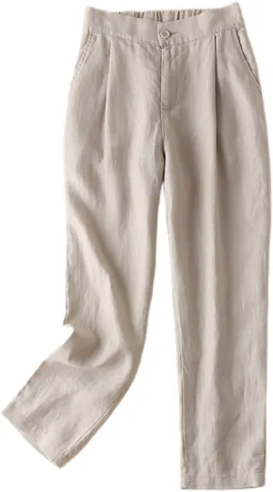 Women's 2024 Linen Harem Pants Elastic High Waisted Button Pants Trousers Casual Loose Fit Pant with Pockets